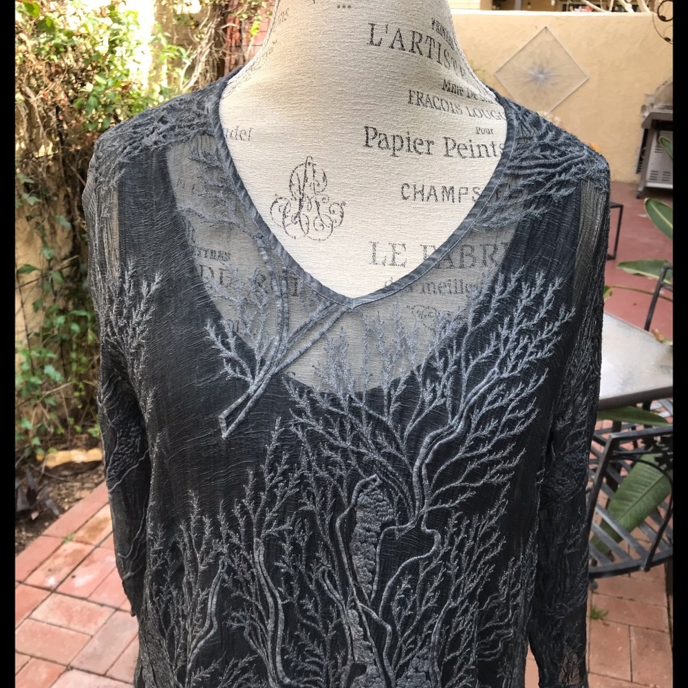 High End Boutique Slate Blue Gray Dress w/ Under-Dress Embroidered Coral Size S - Picture 4 of 16
